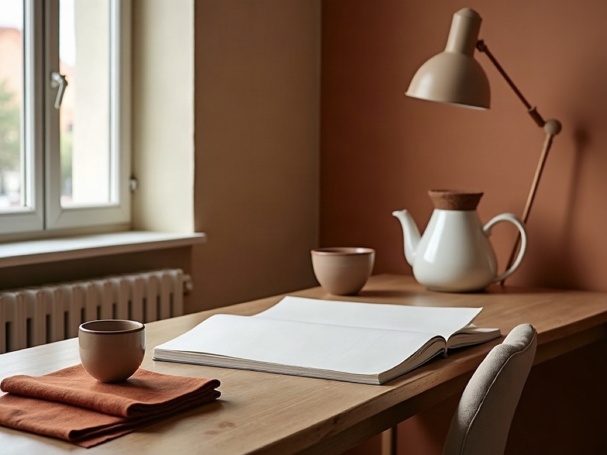 Buyer desk with closed catalogs, fabric swatches, and a small unbranded kettle by a window