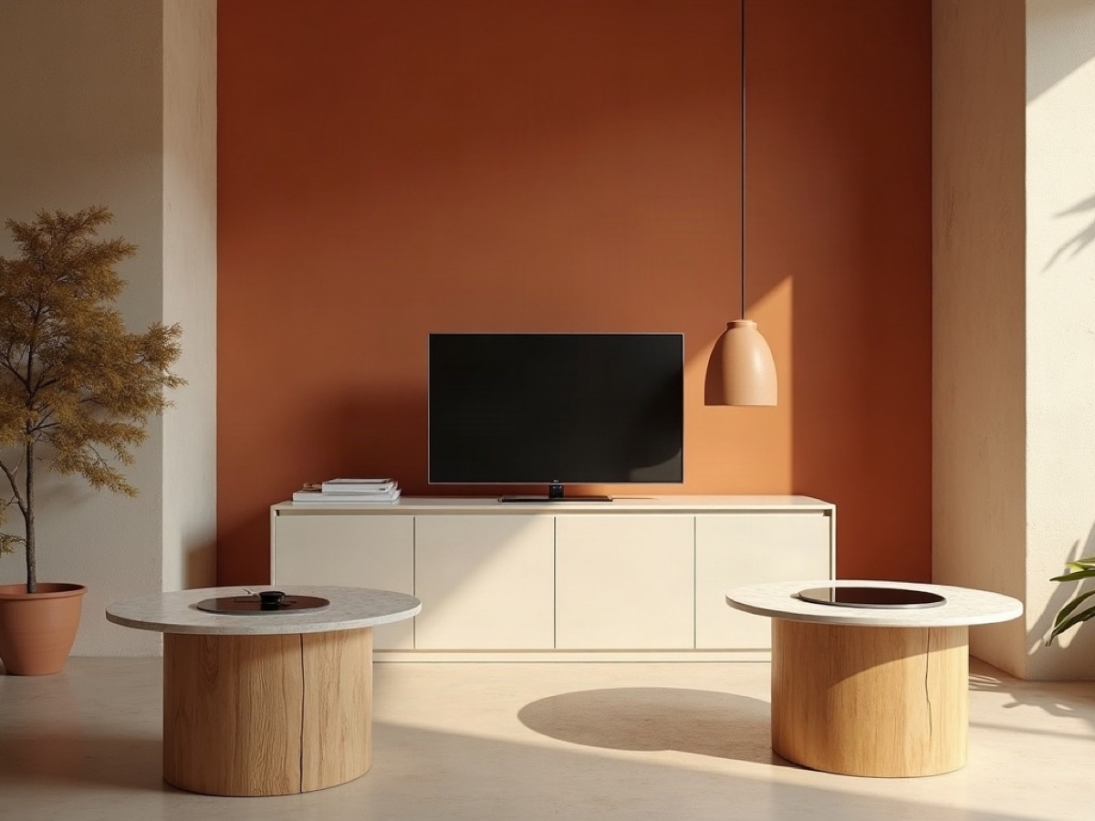 Appliance salon with plain cooktops and an unbranded television on a timber plinth