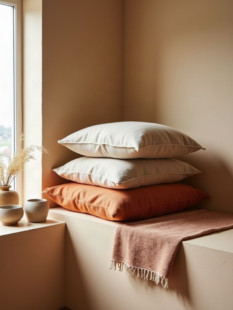 Stacked oatmeal linen, a rust cushion, and ceramic bowls on a plaster ledge