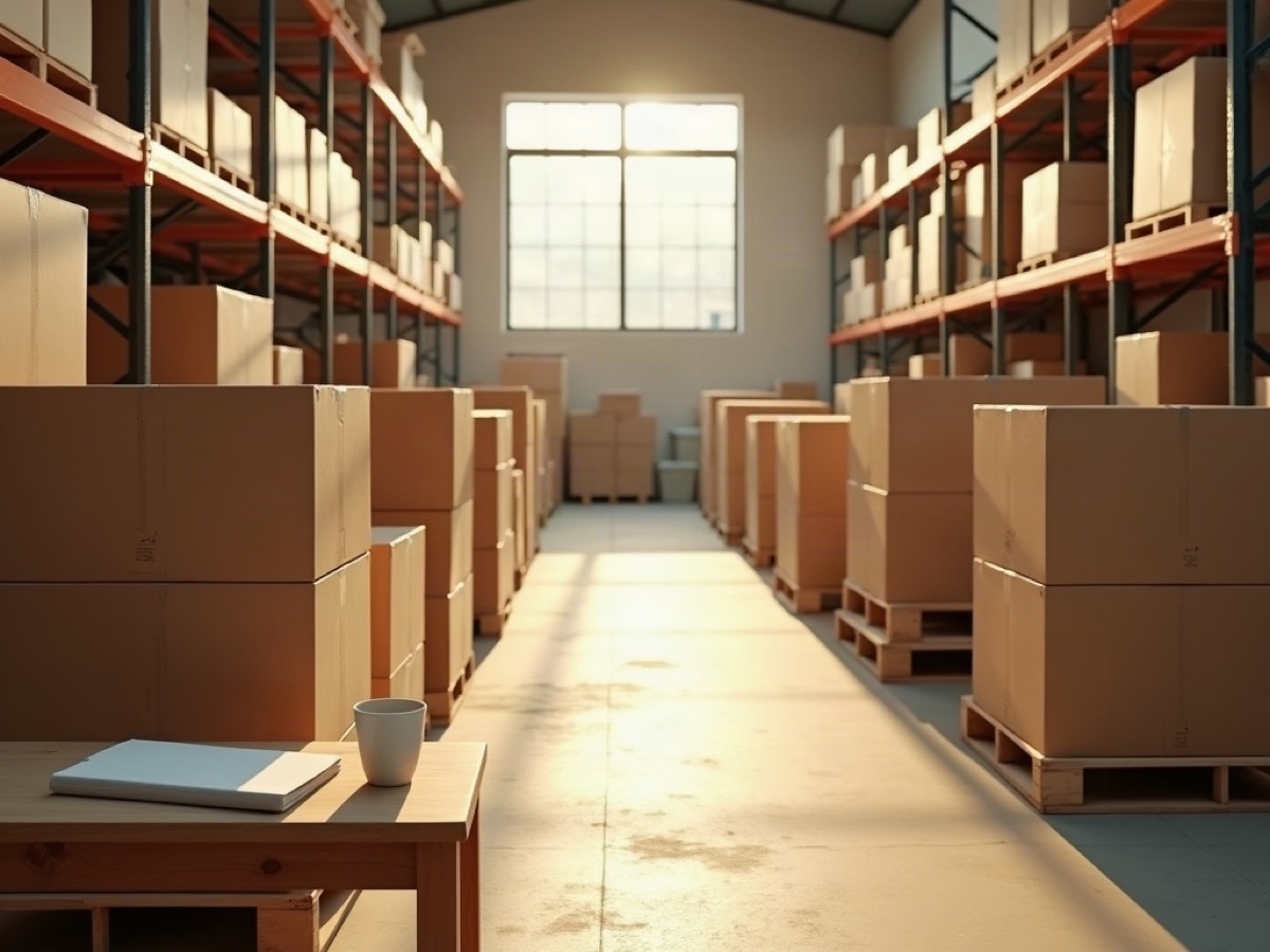 Unmarked cartons of household appliances on wooden pallets in a sunlit warehouse aisle